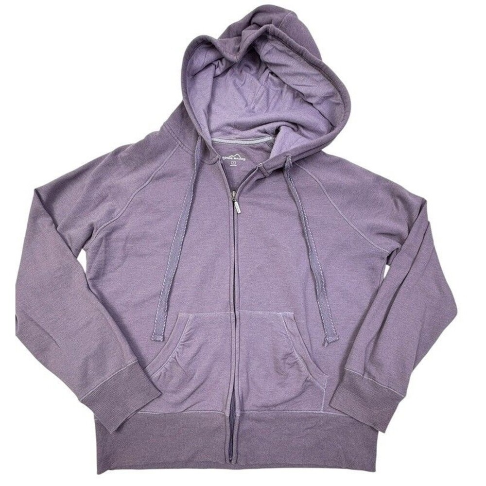Eddie Bauer Full Zip Hoodie Smokey Purple Ruched Pockets Flat Drawstring L